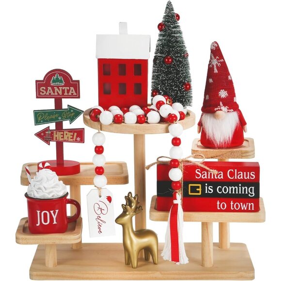 Christmas Decorations 8 PCS Tiered Tray Decor Set Cute Tabletop Christmas Decor